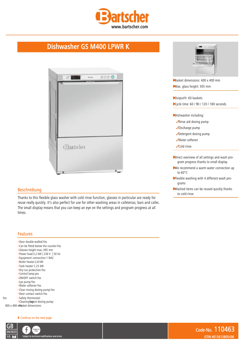 Page n°1 - Fiche technique Bartscher GS M400 LPWR K