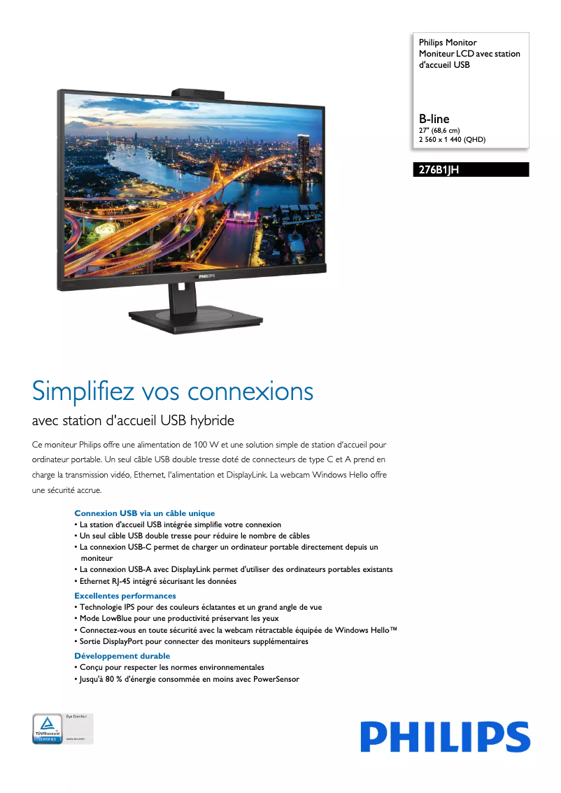 Page 1 de la notice Fiche technique Philips B Line 276B1