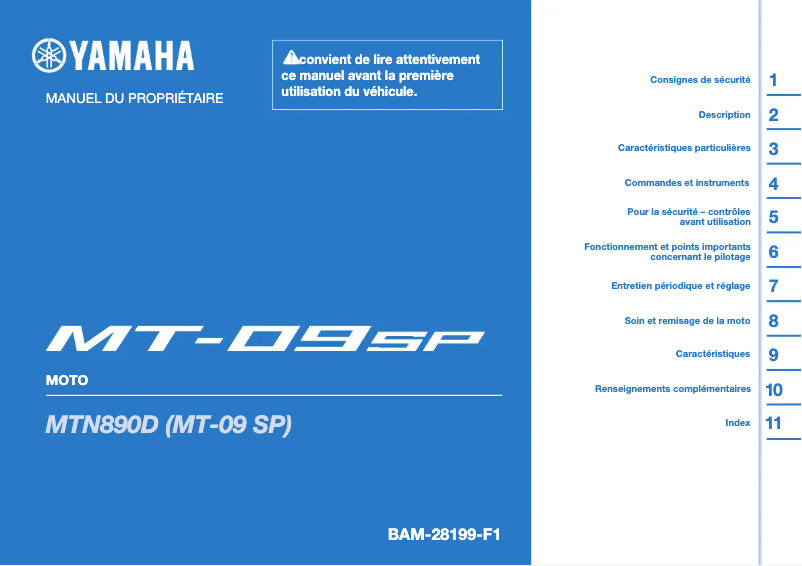 Page 1 de la notice Manuel utilisateur Yamaha MT09 SP (2022)
