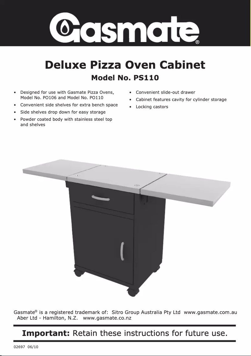 Page 1 de la notice Manuel utilisateur Gasmate Deluxe Pizza Oven Cabinet PS110