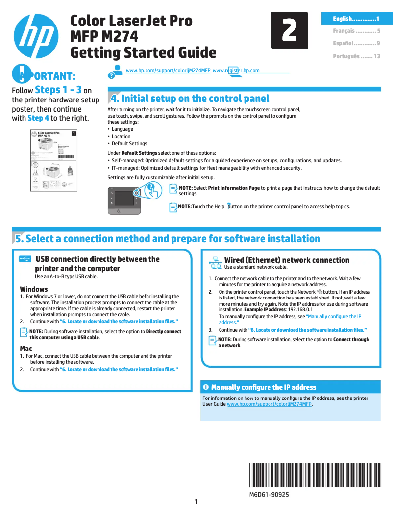 Image de la première page du manuel de l'appareil Color LaserJet PRO MFP M274