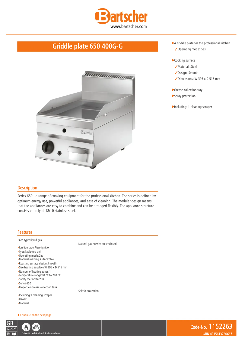 Page n°1 - Fiche technique Bartscher 400G-G