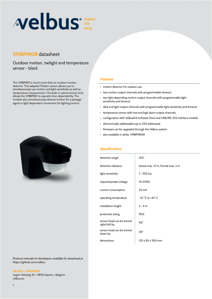 Page 1 de la notice Manuel utilisateur Velbus VMBPIRO-B-20