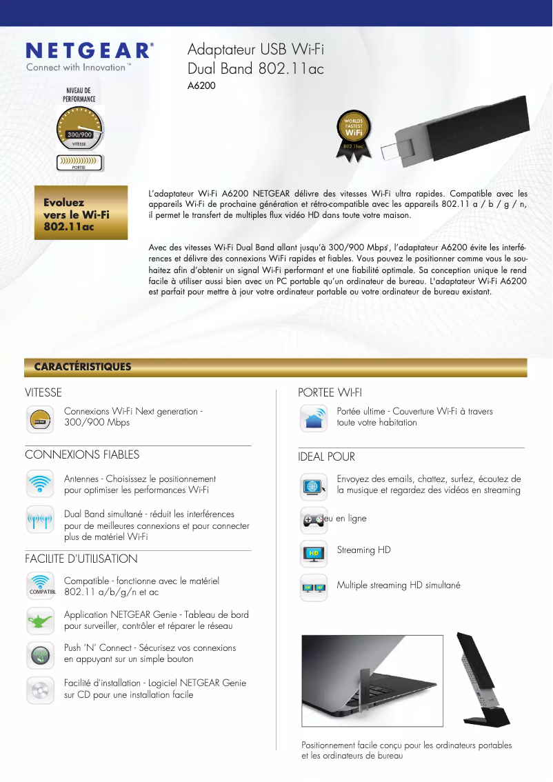Page 1 de la notice Fiche technique Netgear A6200