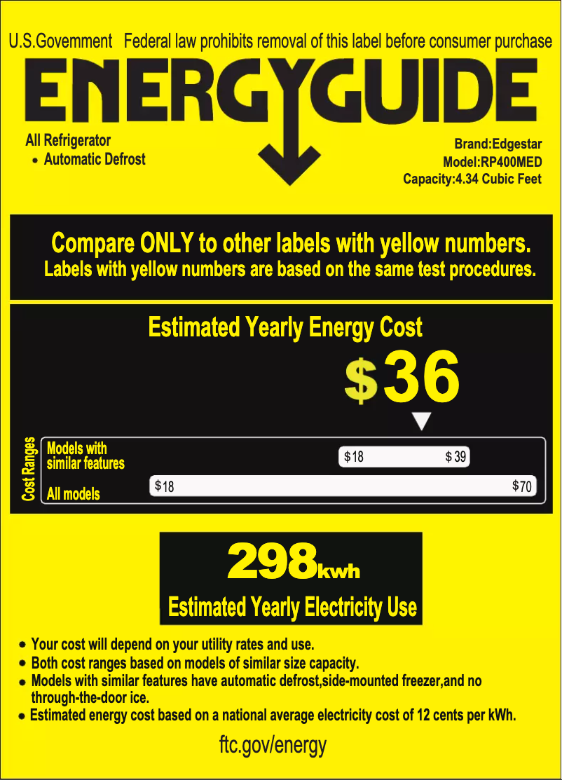 Page 1 de la notice Label énergétique EdgeStar RP400MED