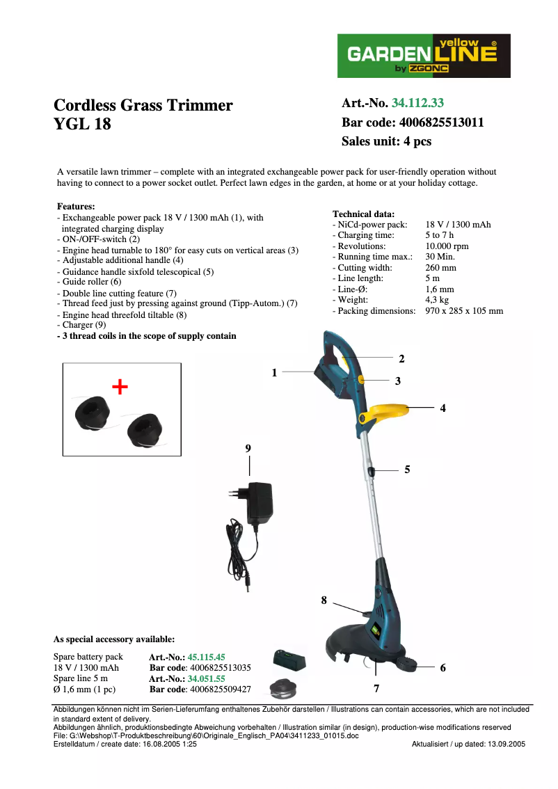 Page 1 de la notice Manuel utilisateur Yellow Garden Line YGL 18