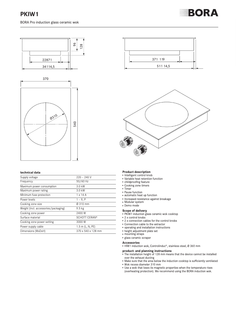 Page 1 de la notice Fiche technique BORA PKIW1