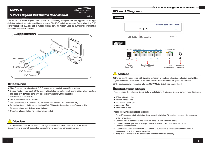 Page 1 de la notice Manuel utilisateur Speco Technologies P4S5G