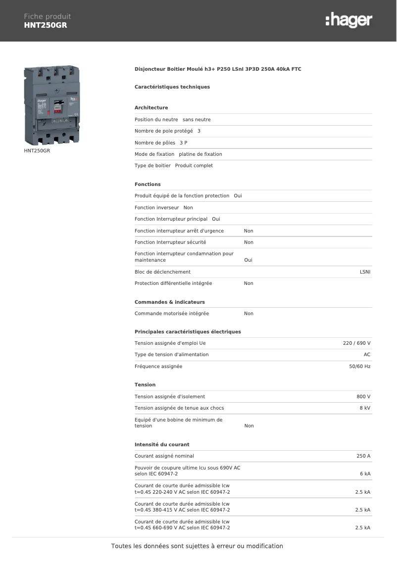 Image de la première page du manuel de l'appareil HNT250GR
