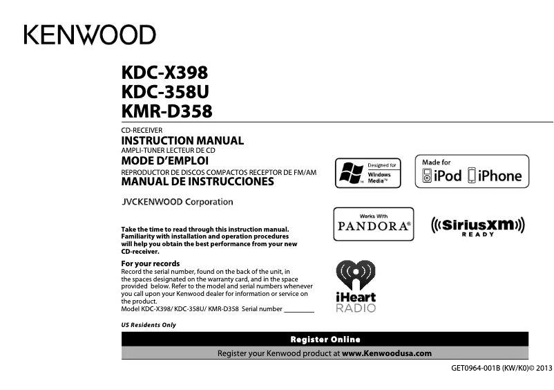 Image de la première page du manuel de l'appareil KMR-D358