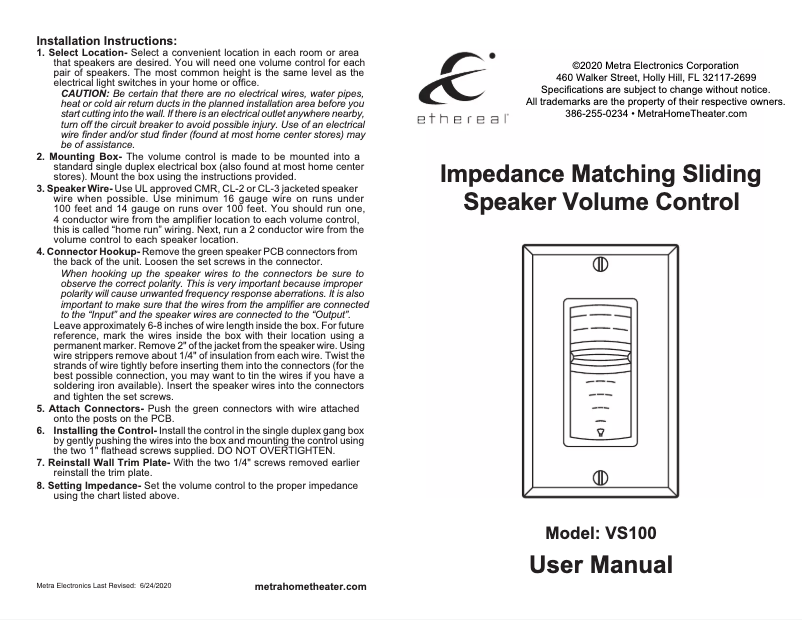 Page n°1 - Manuel utilisateur Metra ethereal VS100