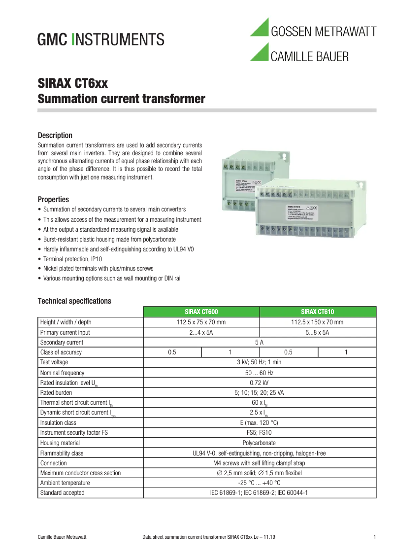 Page n°1 - Fiche technique Camille Bauer SIRAX CT610
