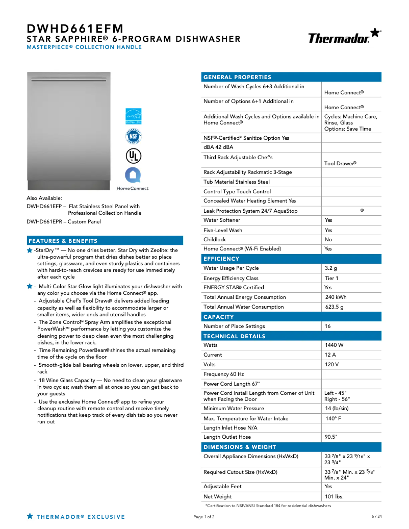 Page 1 de la notice Fiche technique Thermador DWHD661EFM