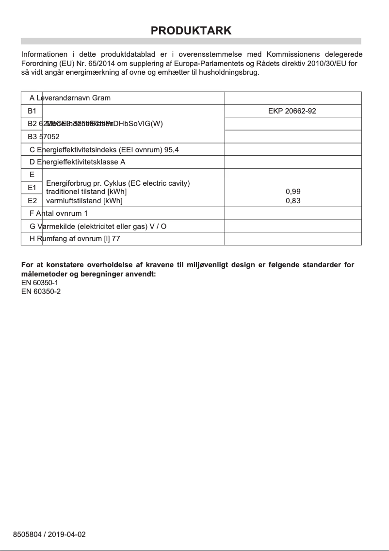 Página 1 del manual Etiqueta energética Gram EKP 20662-92