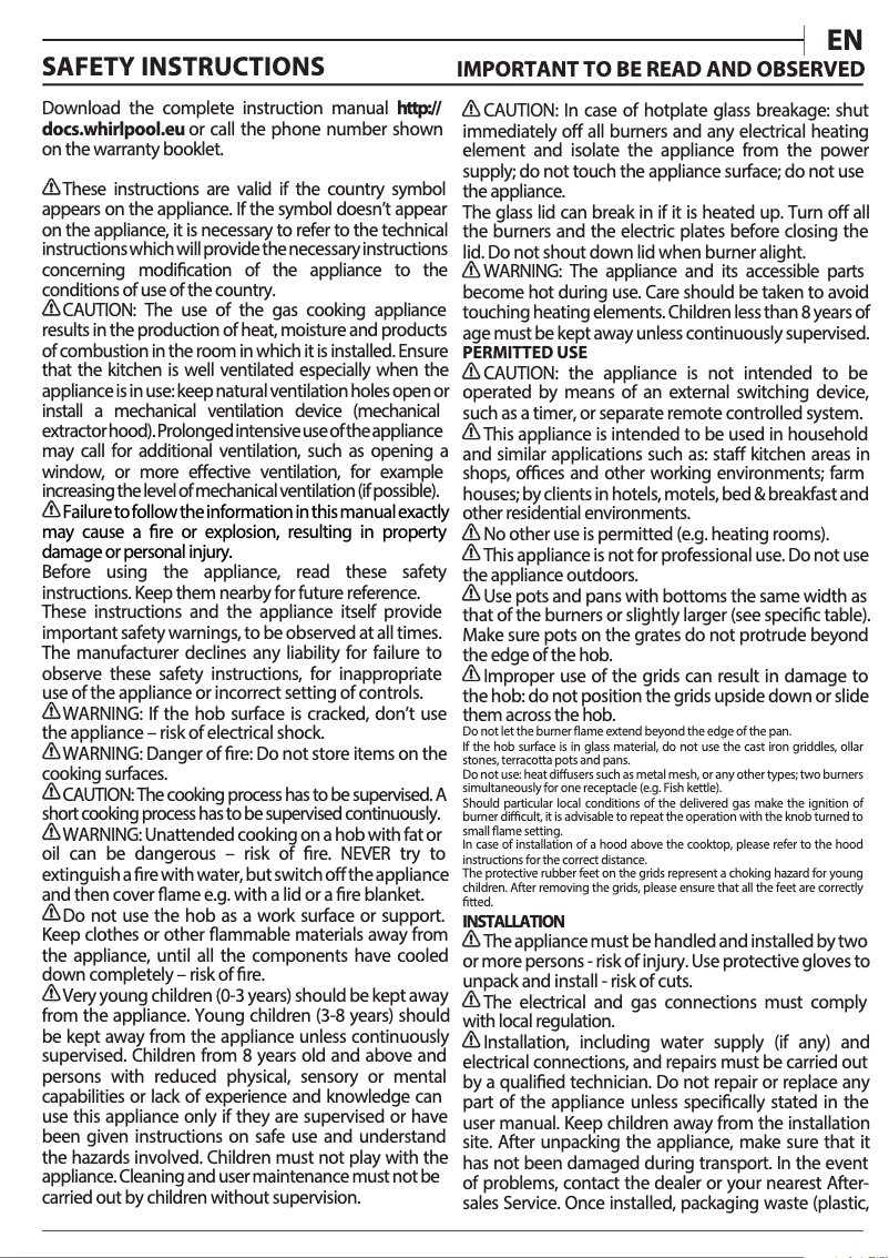 Page 1 de la notice Manuel utilisateur Whirlpool GOA 9523/WH