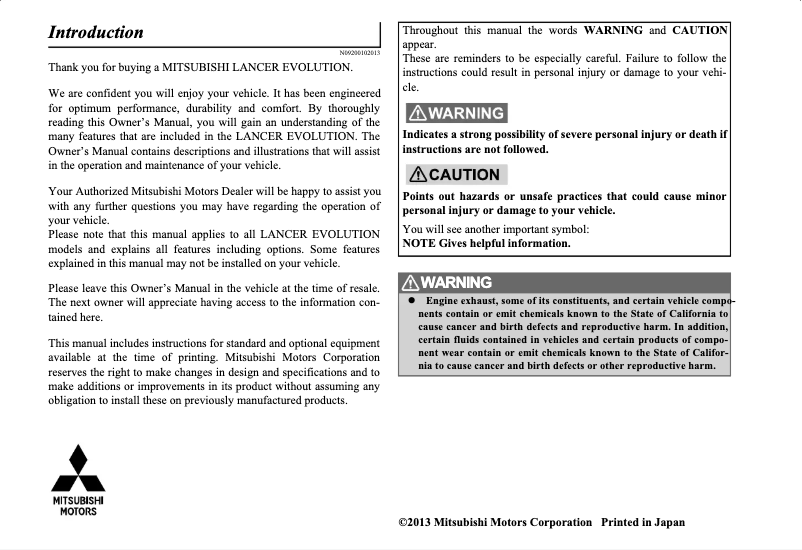 Page 1 de la notice Manuel utilisateur Mitsubishi Lancer Evolution (2014)