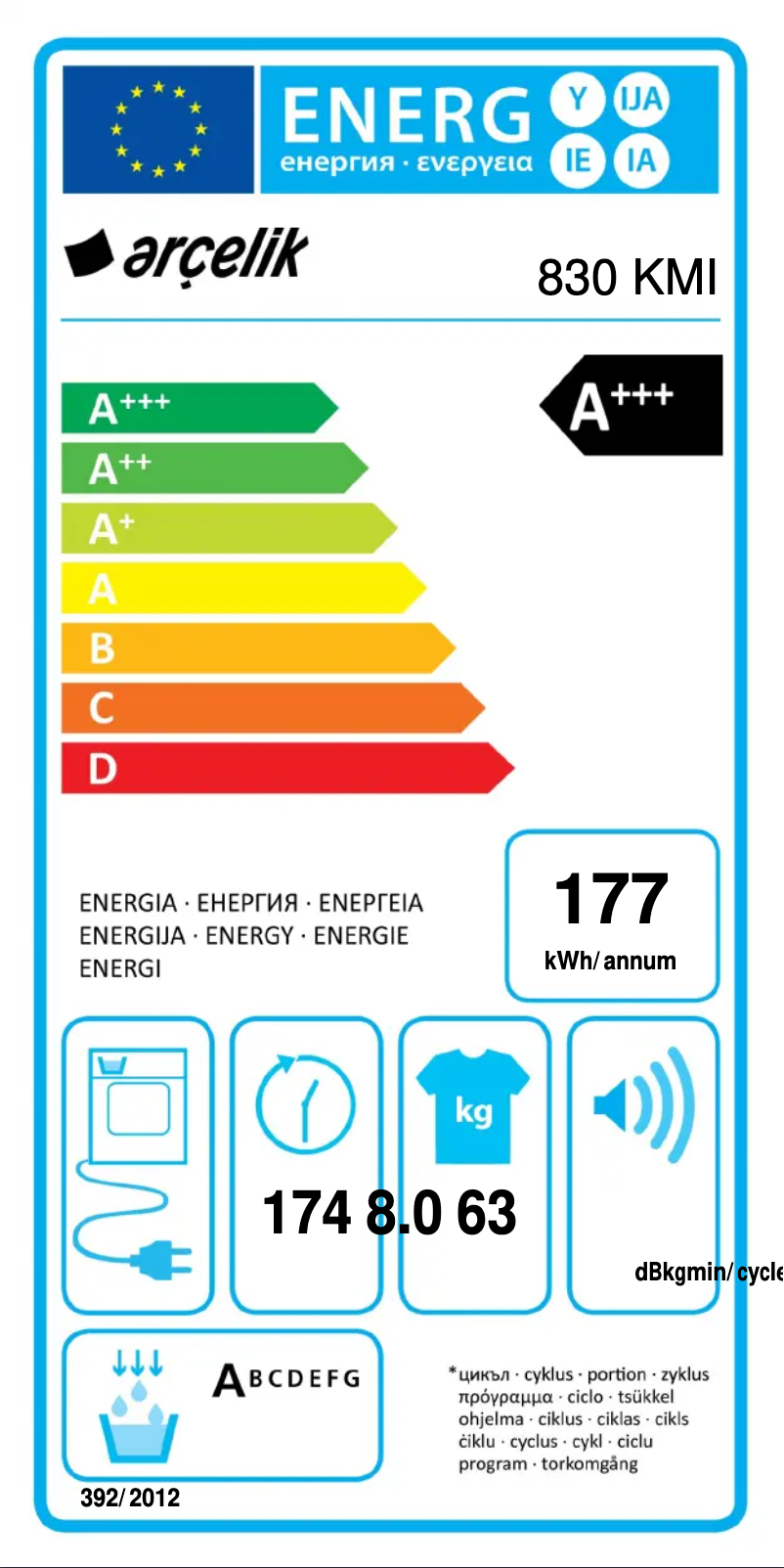 Page 1 de la notice Label énergétique Arçelik 830 KMI
