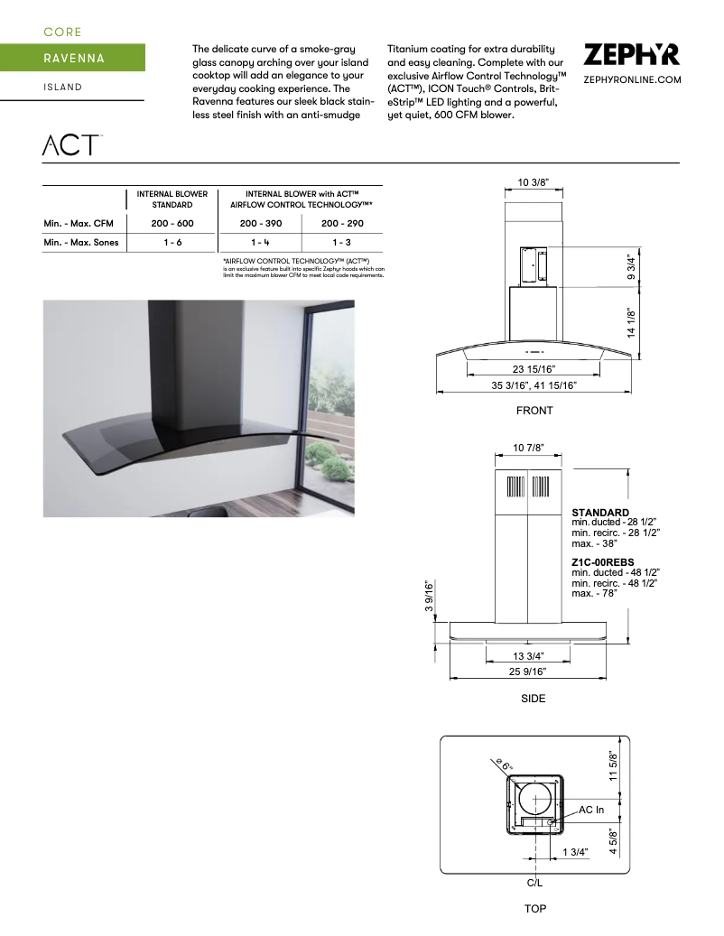 Page 1 de la notice Fiche technique Zephyr Ravenna Island ZRE-E42ABSGG