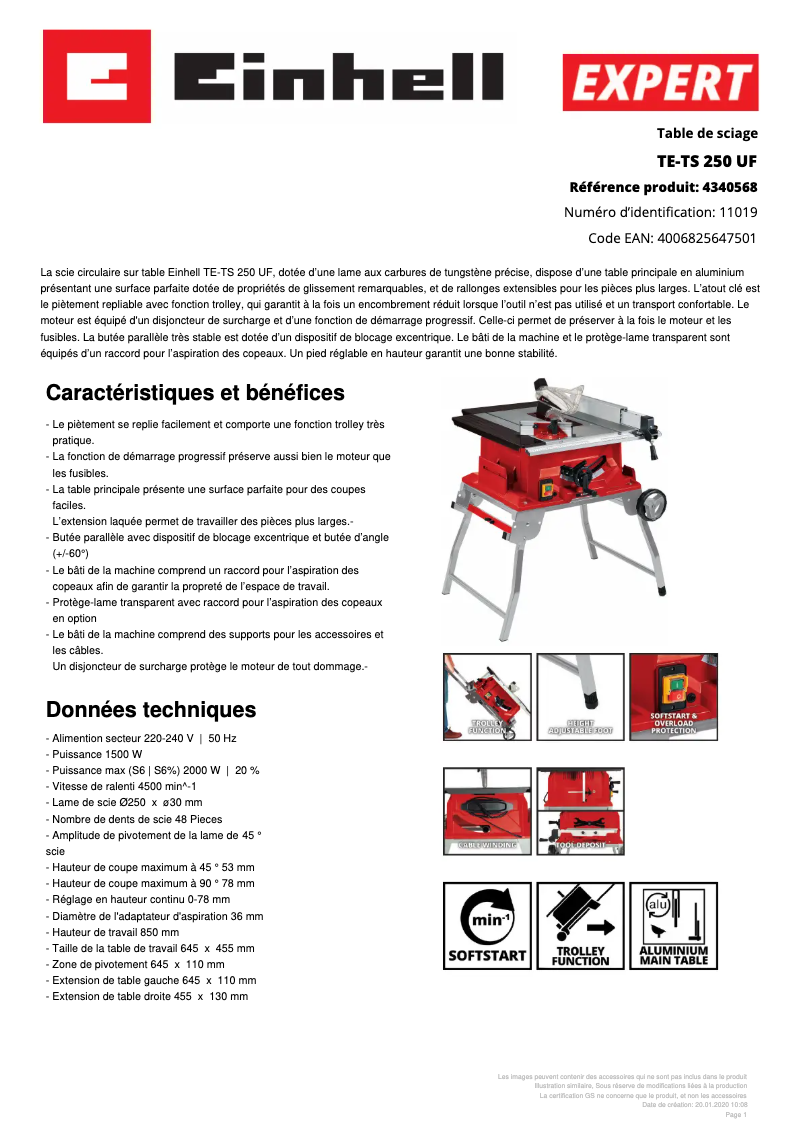 Page 1 de la notice Fiche technique Einhell TE-TS 250 UF