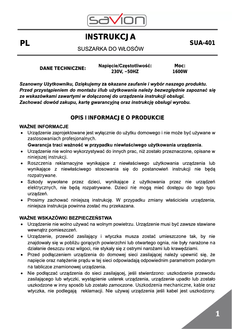 Page 1 de la notice Manuel utilisateur Savion SUA-401