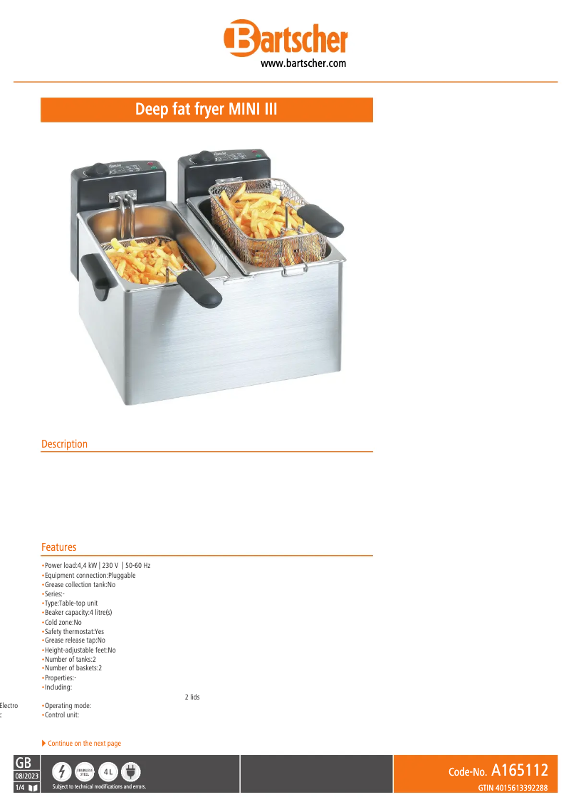 Page 1 de la notice Fiche technique Bartscher Mini II A165112