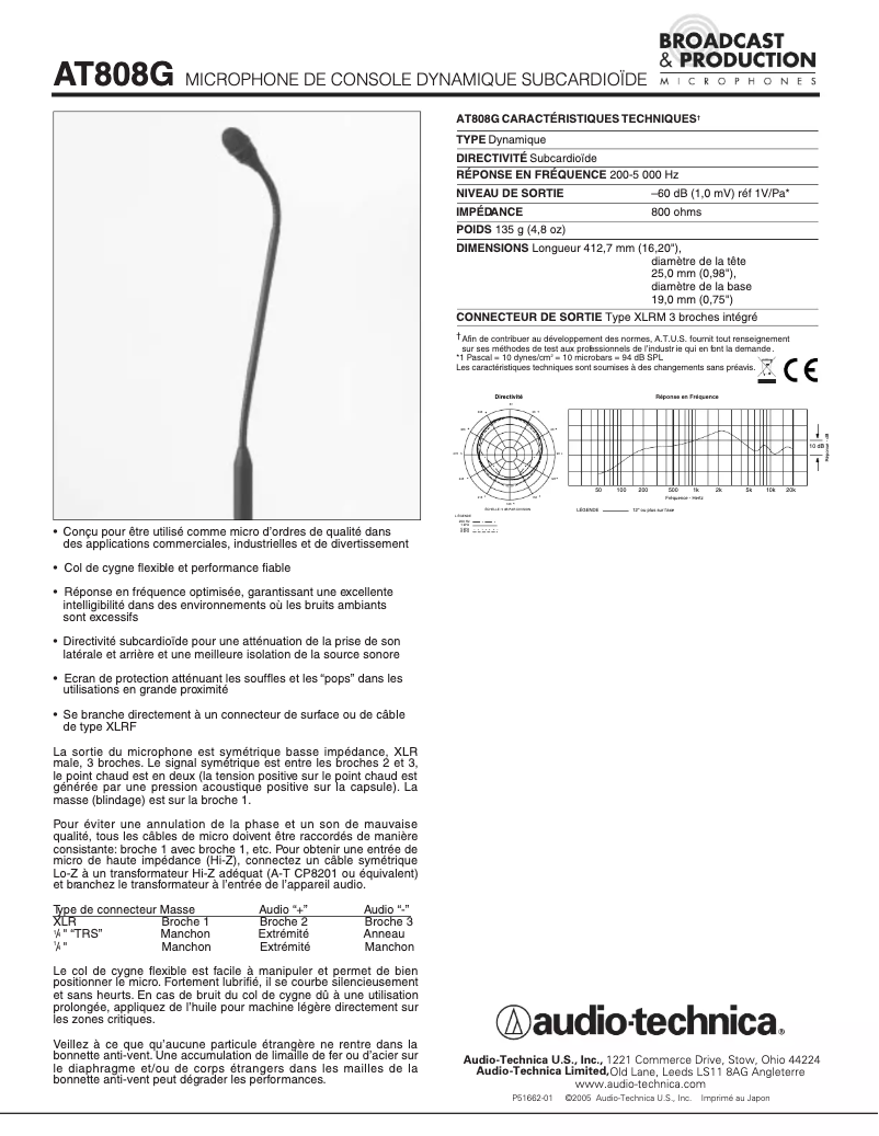 Page 1 de la notice Fiche technique Audio-Technica AT808G