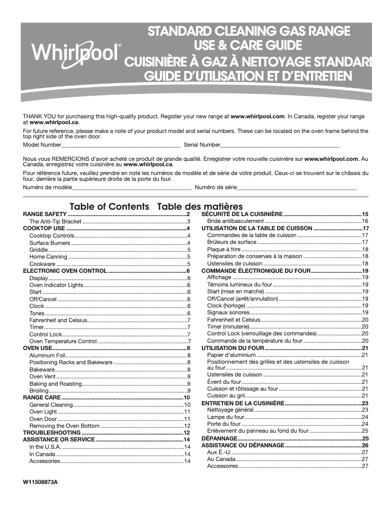 Page 1 de la notice Manuel d'utilisation et d'entretien Whirlpool WFG505M0BS
