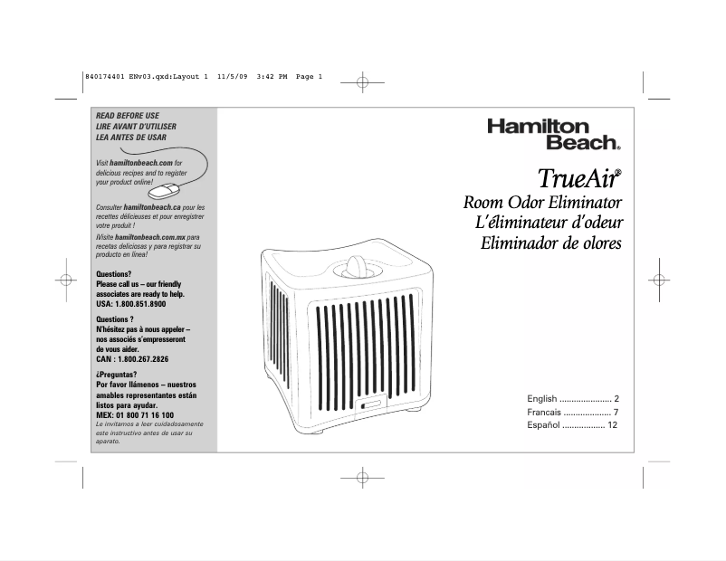 Page n°1 - Manuel utilisateur Hamilton Beach TrueAir 04532GM
