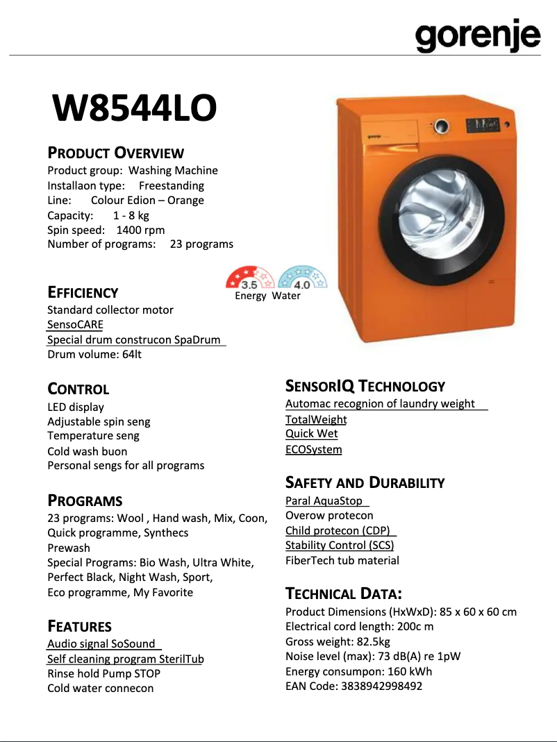 Página 1 del manual Ficha técnica Gorenje W8544LO