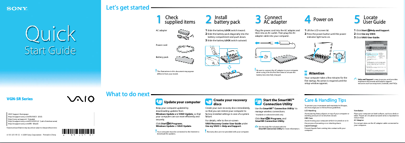 Page 1 de la notice Guide d'installation Sony Vaio VGN-SR590C3