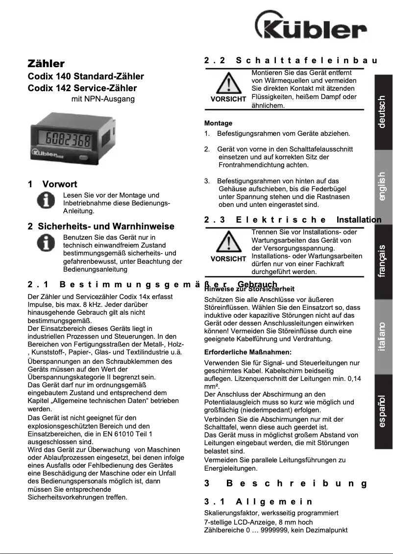 Page 1 de la notice Manuel utilisateur Kübler Codix 140