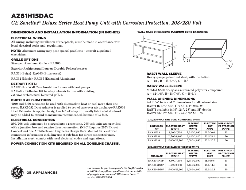 Page n°1 - Fiche technique GE AZ61H15DAC Zoneline