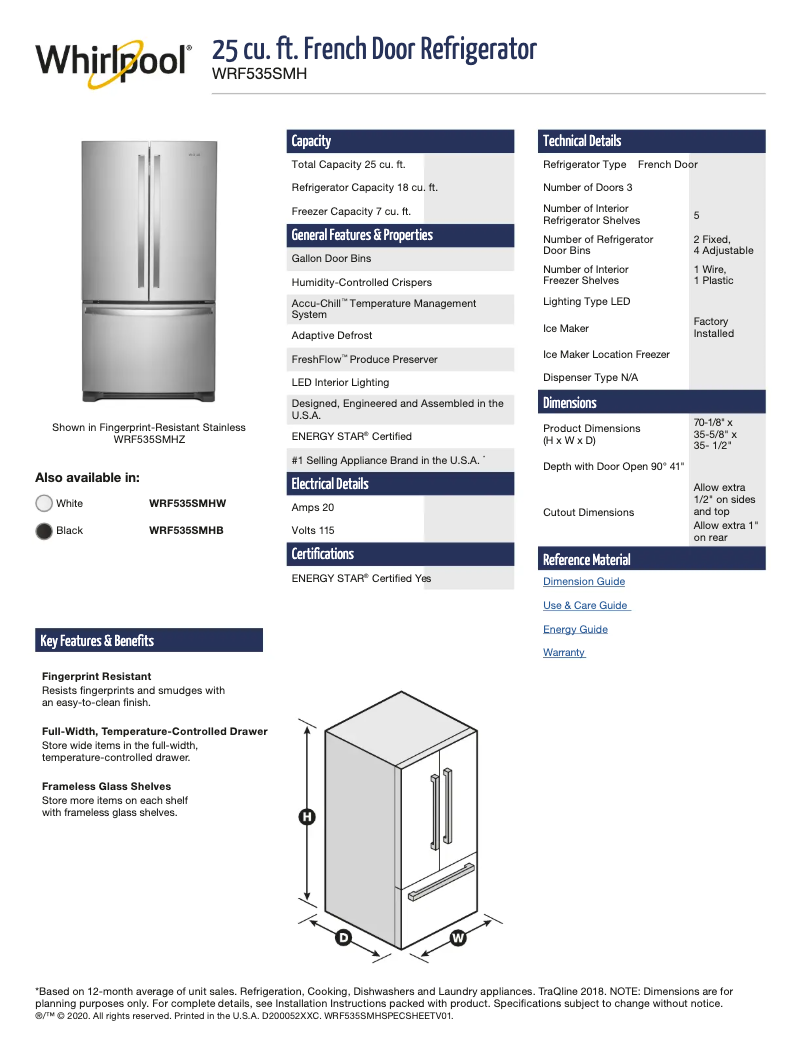 Page 1 de la notice Fiche technique Whirlpool WRF535SWHW