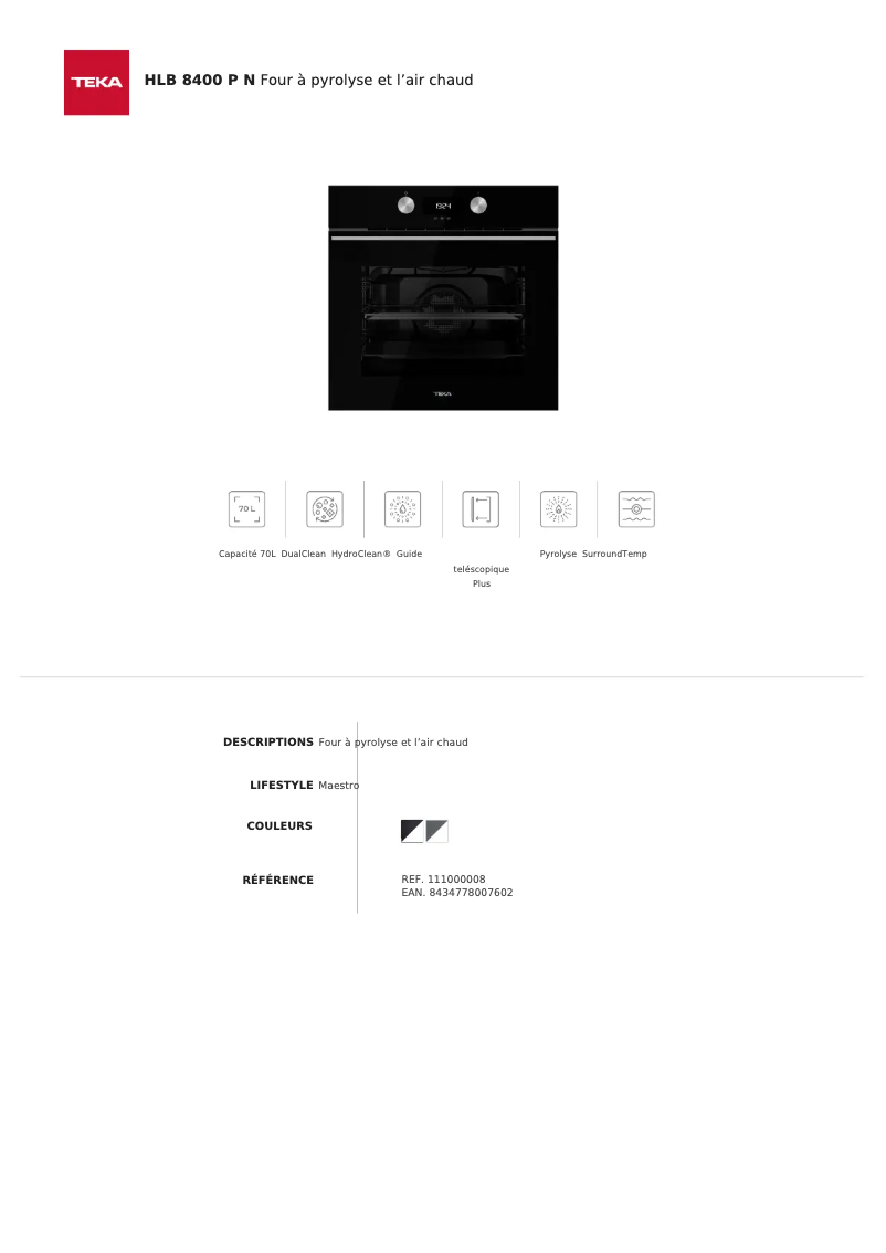 Page n°1 - Fiche technique Teka HLB 8400 P N