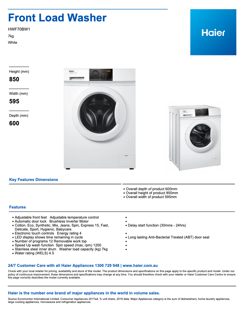 Page 1 de la notice Fiche technique Haier HWF70BW1