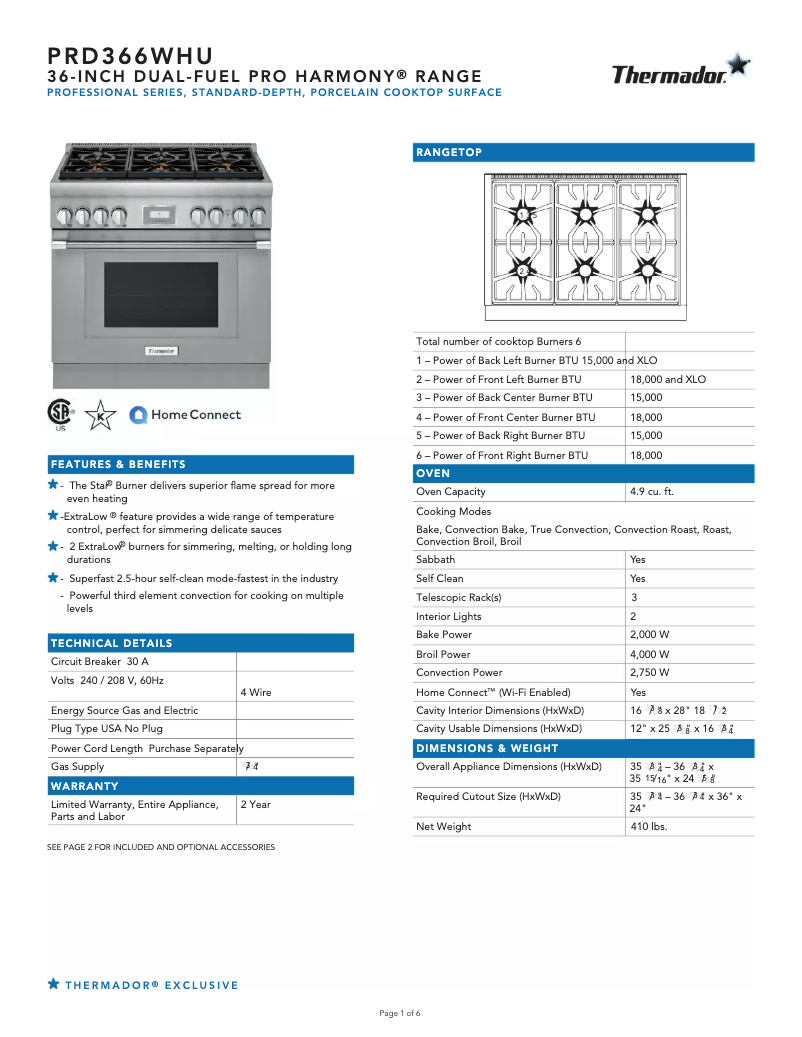 Page 1 de la notice Fiche technique Thermador PRD366WHU