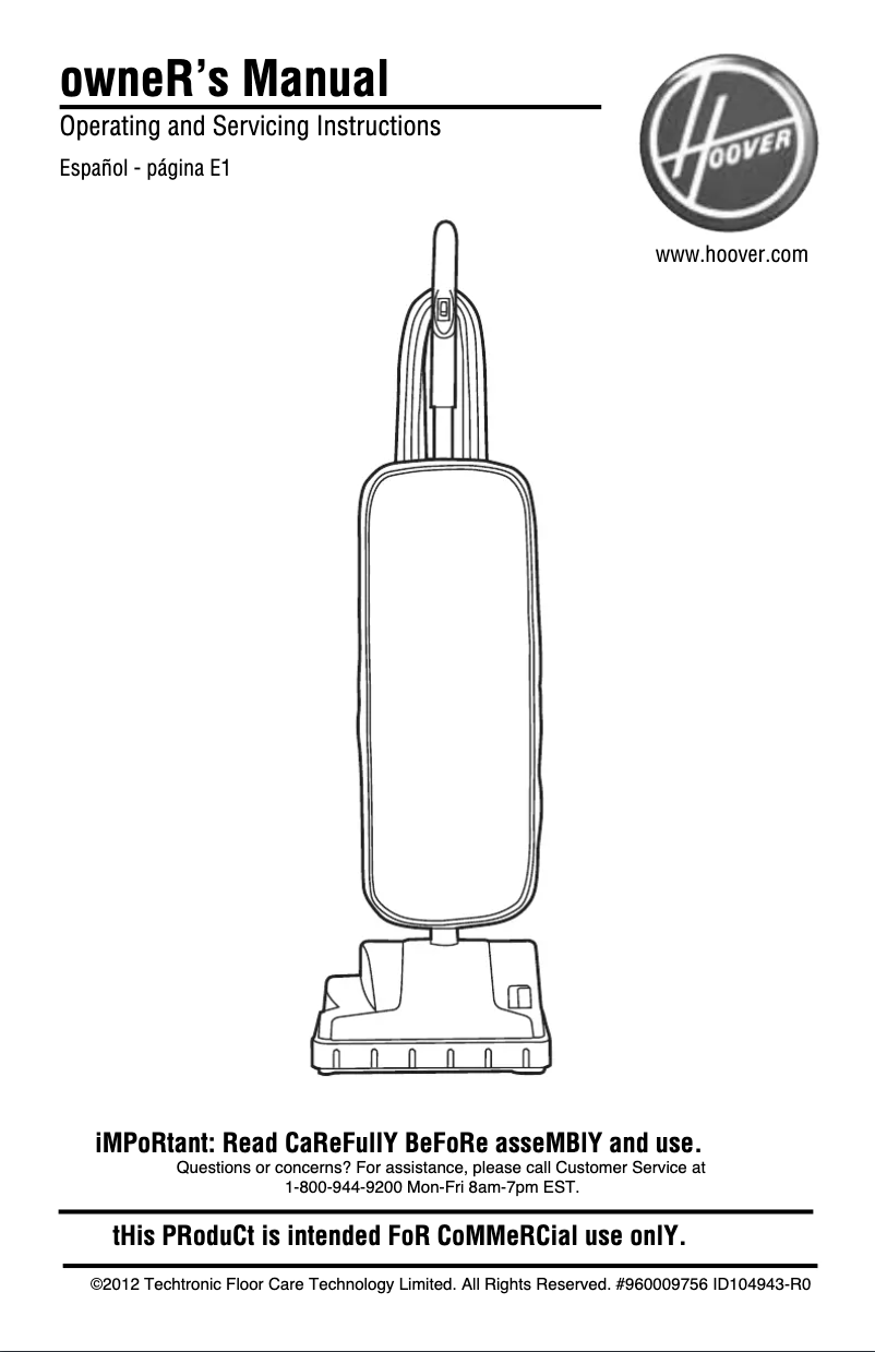 Page n°1 - Manuel utilisateur Hoover TaskVac CH53000