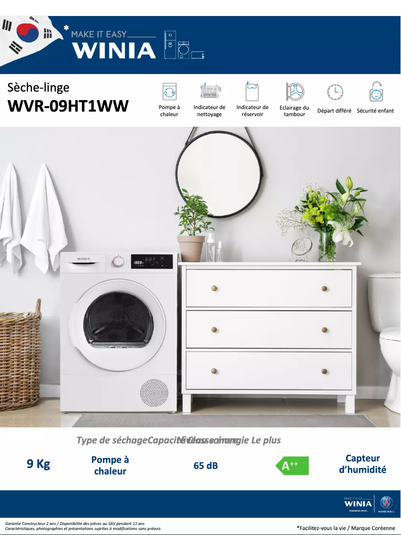 Page 1 de la notice Fiche technique Winia WVR-09HT1WW