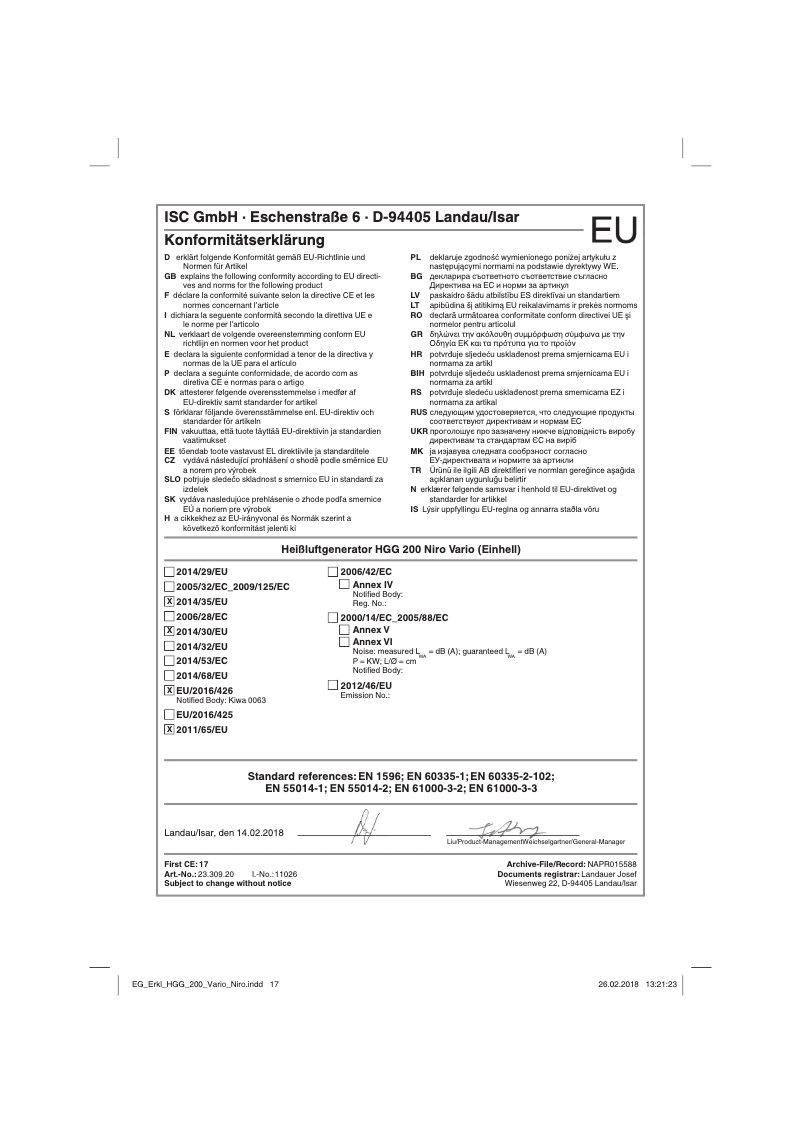 Page n°1 - Manuel utilisateur Einhell HGG 200 Niro Vario