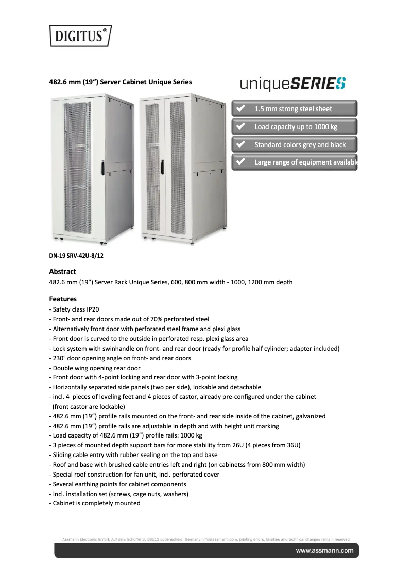 Page 1 de la notice Fiche technique Digitus DN-19 SRV-42U-8/12B