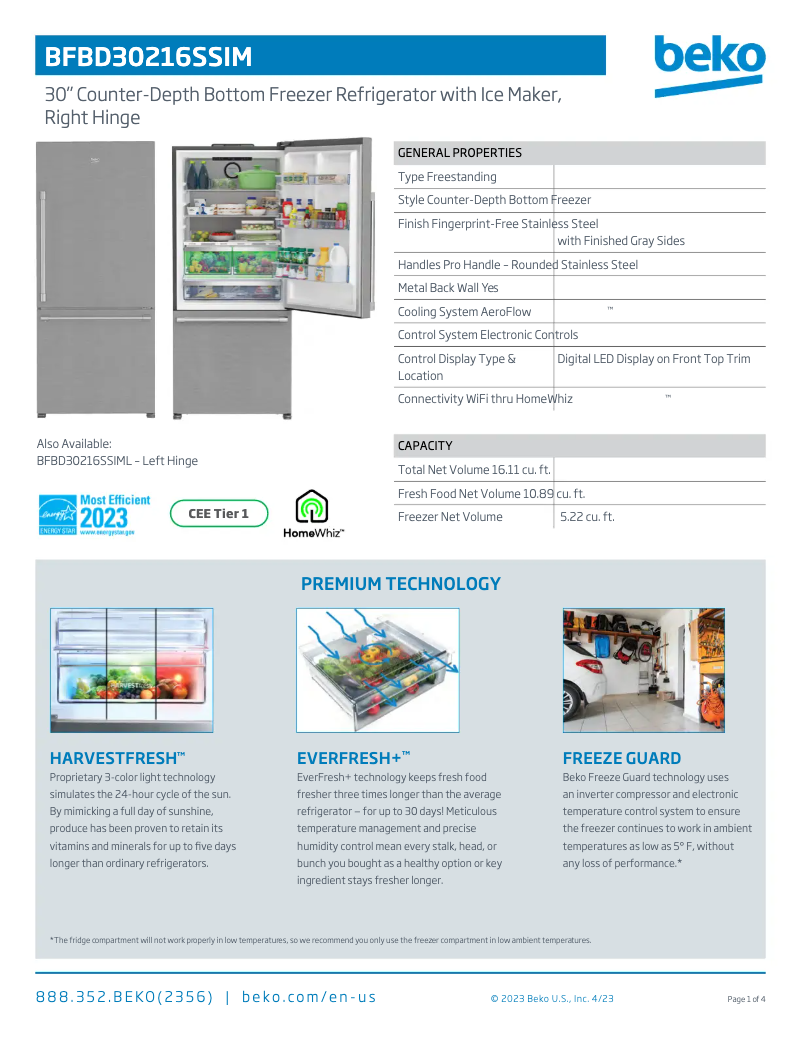 Page 1 de la notice Fiche technique Beko BFBD30216SSIM