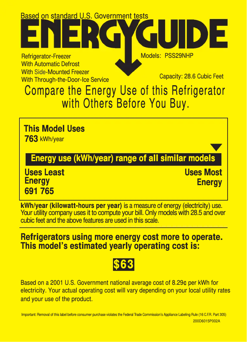 Page 1 de la notice Label énergétique GE Profile PSS29NHPCC