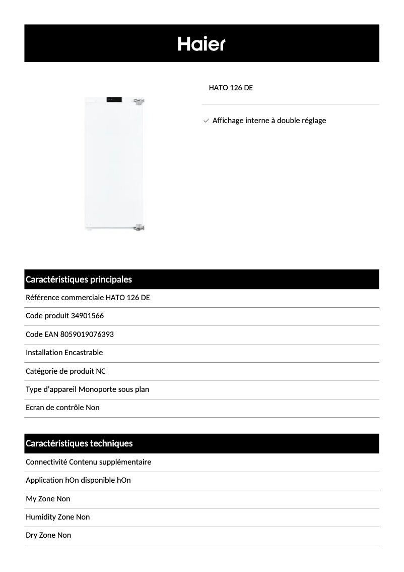 Page 1 of the manual Technical Sheet Haier HATO 126 DE