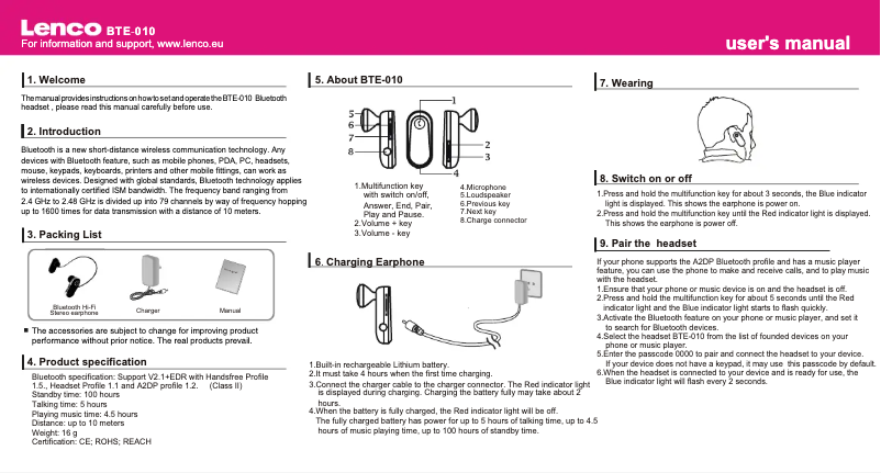 Page 1 de la notice Manuel utilisateur Lenco BTE-010