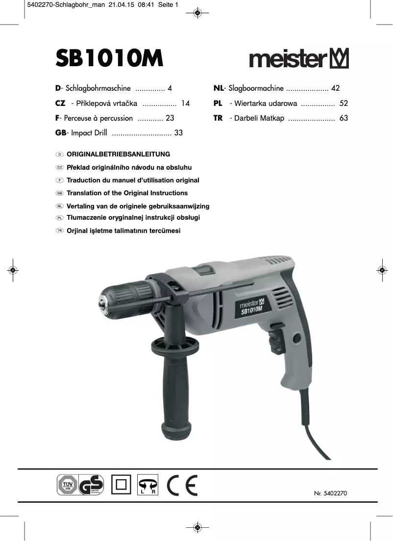 Page 1 de la notice Manuel utilisateur Meister Craft SB1010M