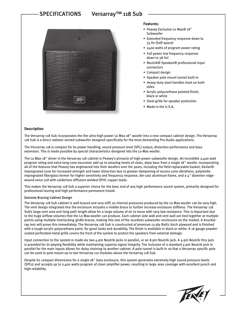 Page 1 de la notice Manuel utilisateur Peavey Versarray 118