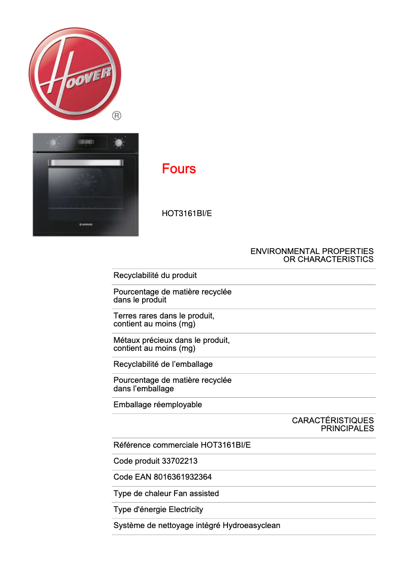 Page n°1 - Fiche technique Hoover HOT3161BI/E