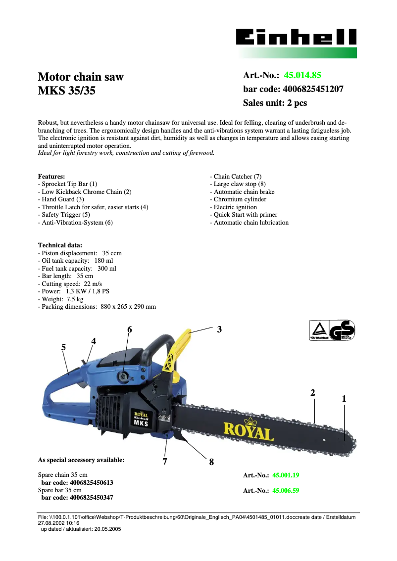 Image de la première page du manuel de l'appareil MKS 35/35