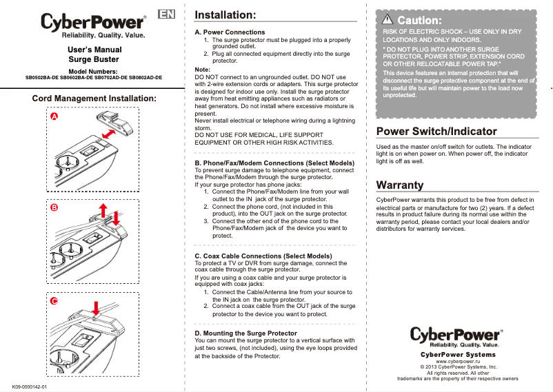 Page 1 de la notice Manuel utilisateur CyberPower SB0502BA-DE-W50