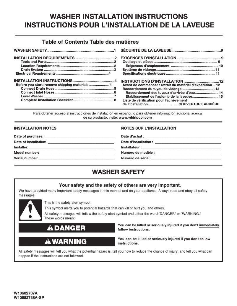 Page 1 de la notice Guide d'installation Whirlpool WTW5000DW